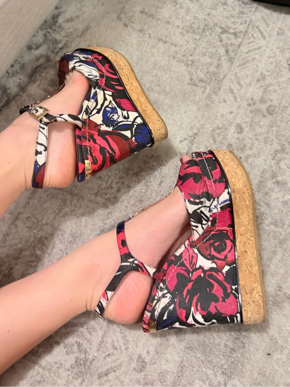 Floral Cork Wedge Sandals - Pink Multi